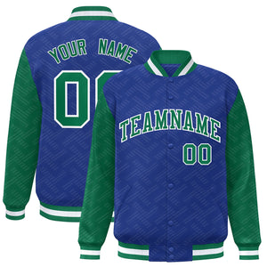 Custom Royal Kelly Green L Pattern Varsity Raglan Sleeves Full-Snap Letterman Baseball Jacket