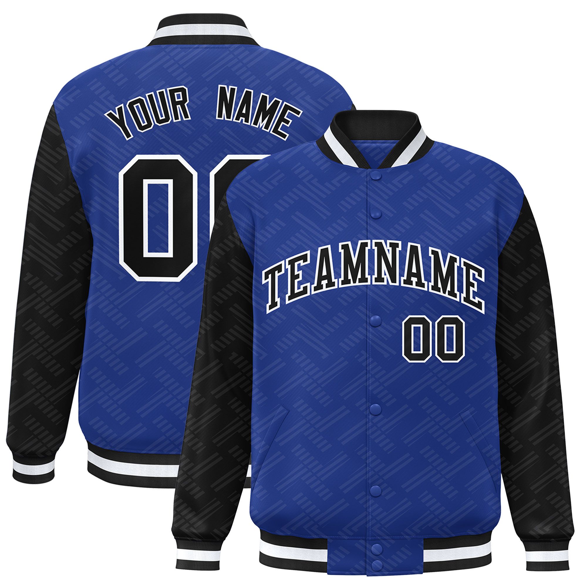 Custom Royal Black L Pattern Varsity Raglan Sleeves Full-Snap Letterman Baseball Jacket