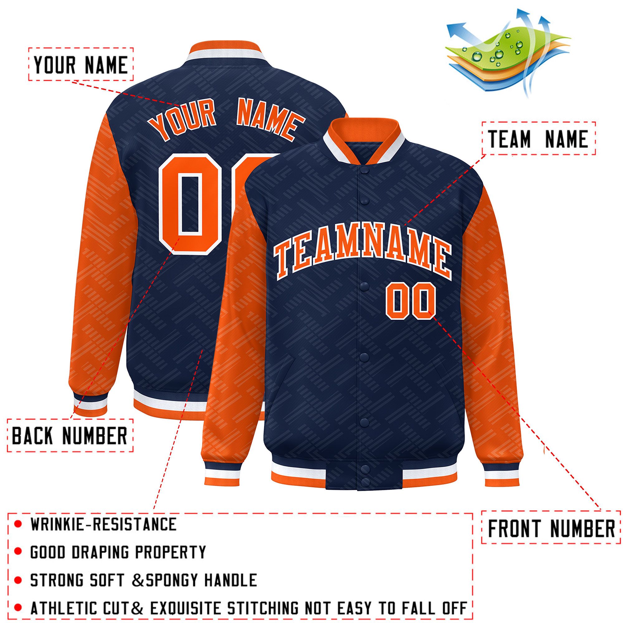 Custom Navy Orange L Pattern Varsity Raglan Sleeves Full-Snap Letterman Baseball Jacket