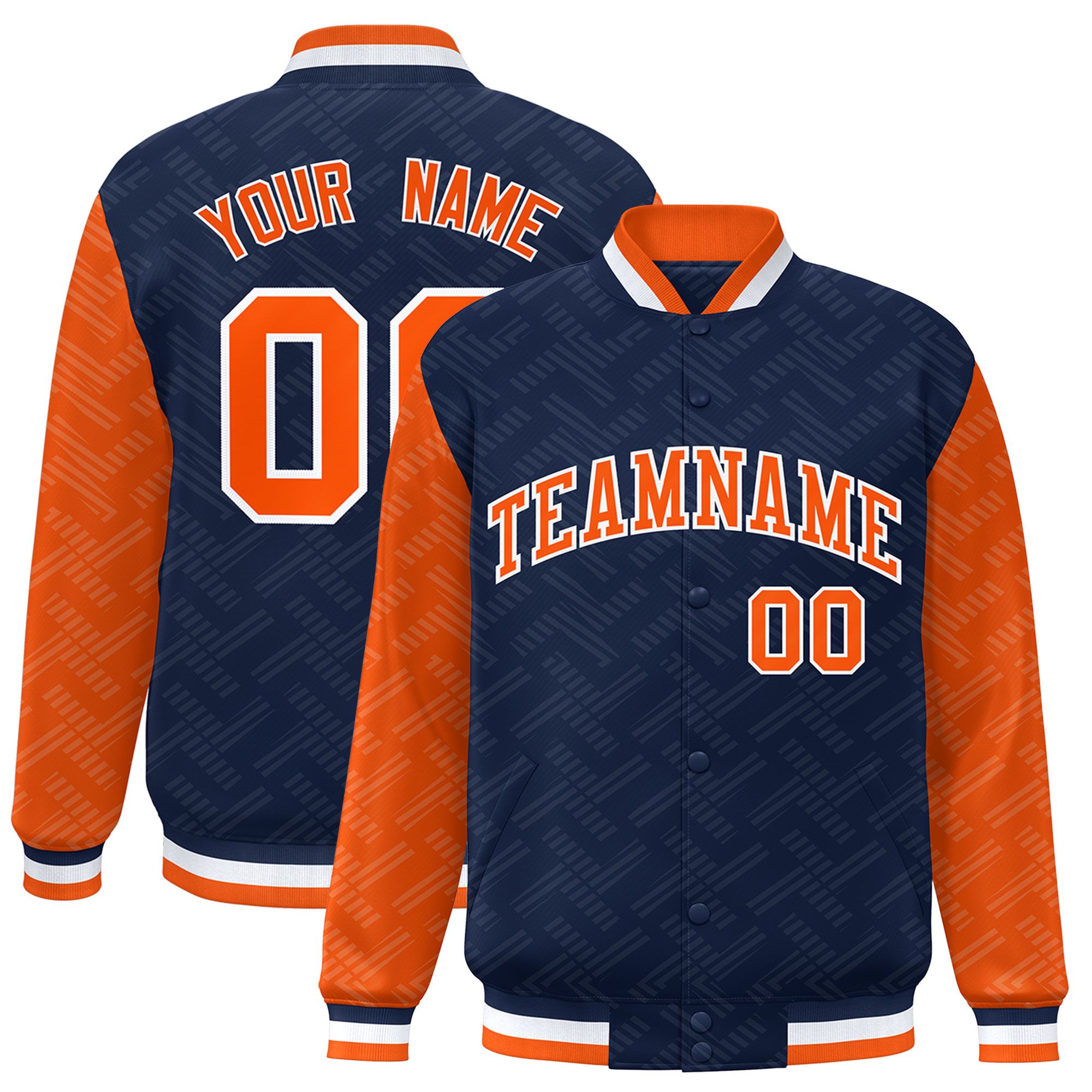 Custom Navy Orange L Pattern Varsity Raglan Sleeves Full-Snap Letterman Baseball Jacket