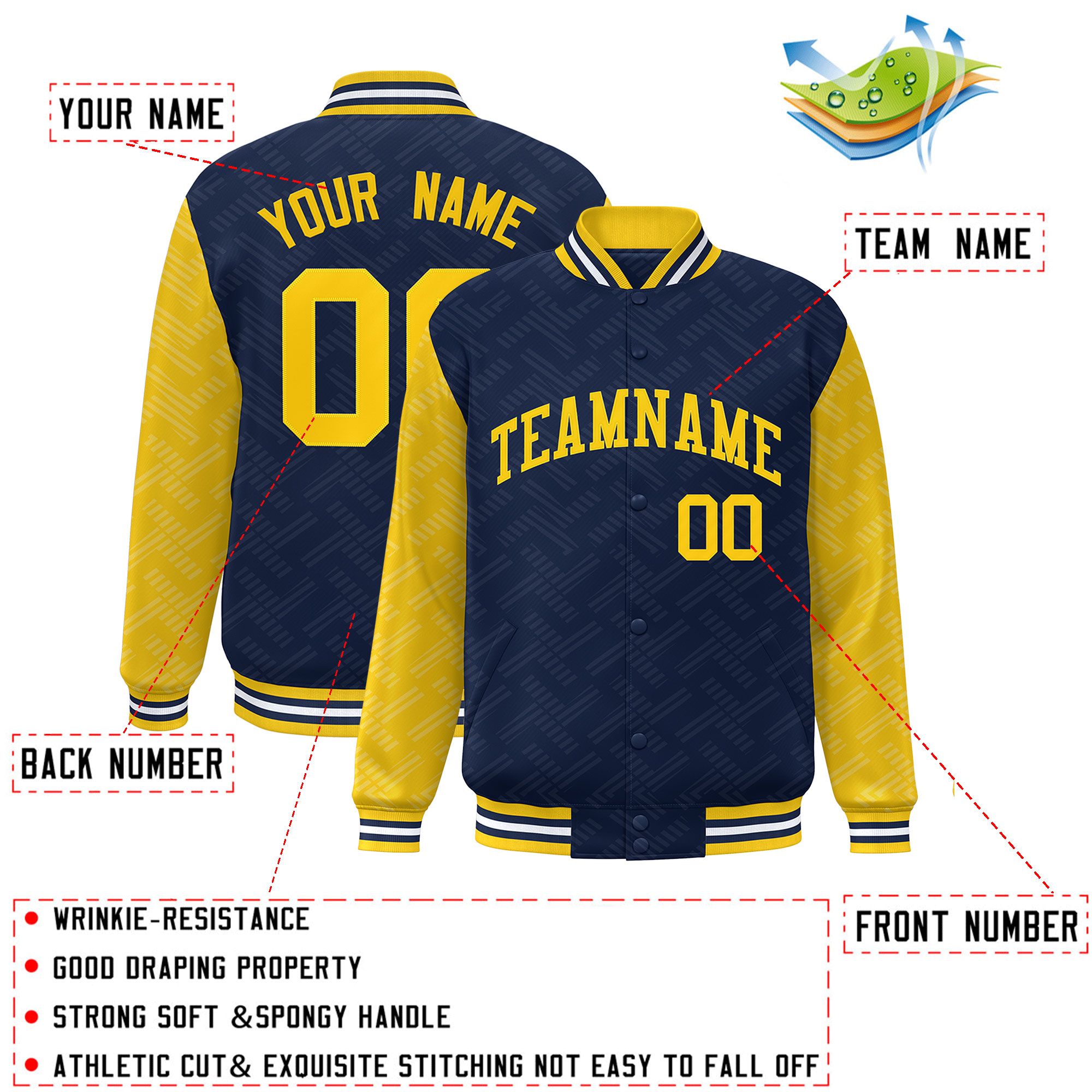 Custom Navy Gold L Pattern Varsity Raglan Sleeves Full-Snap Letterman Baseball Jacket