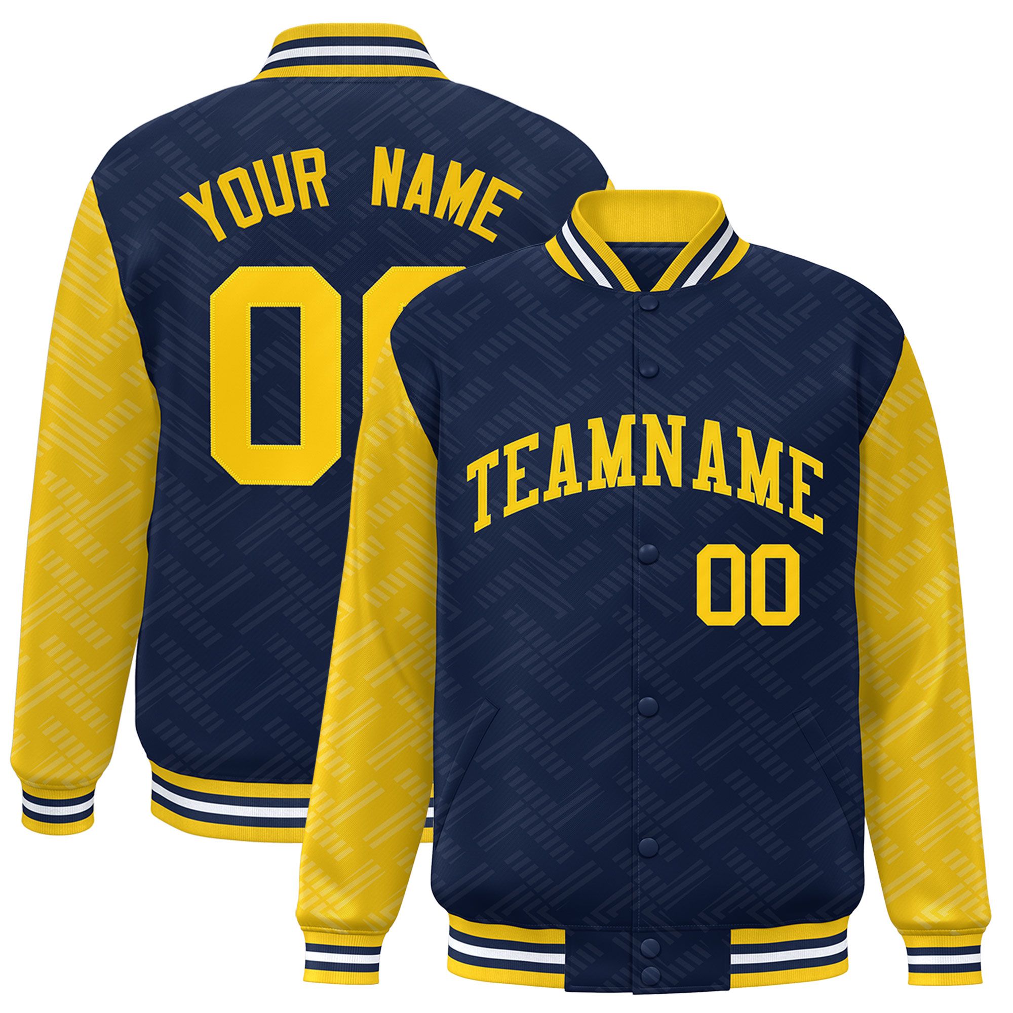 Custom Navy Gold L Pattern Varsity Raglan Sleeves Full-Snap Letterman Baseball Jacket