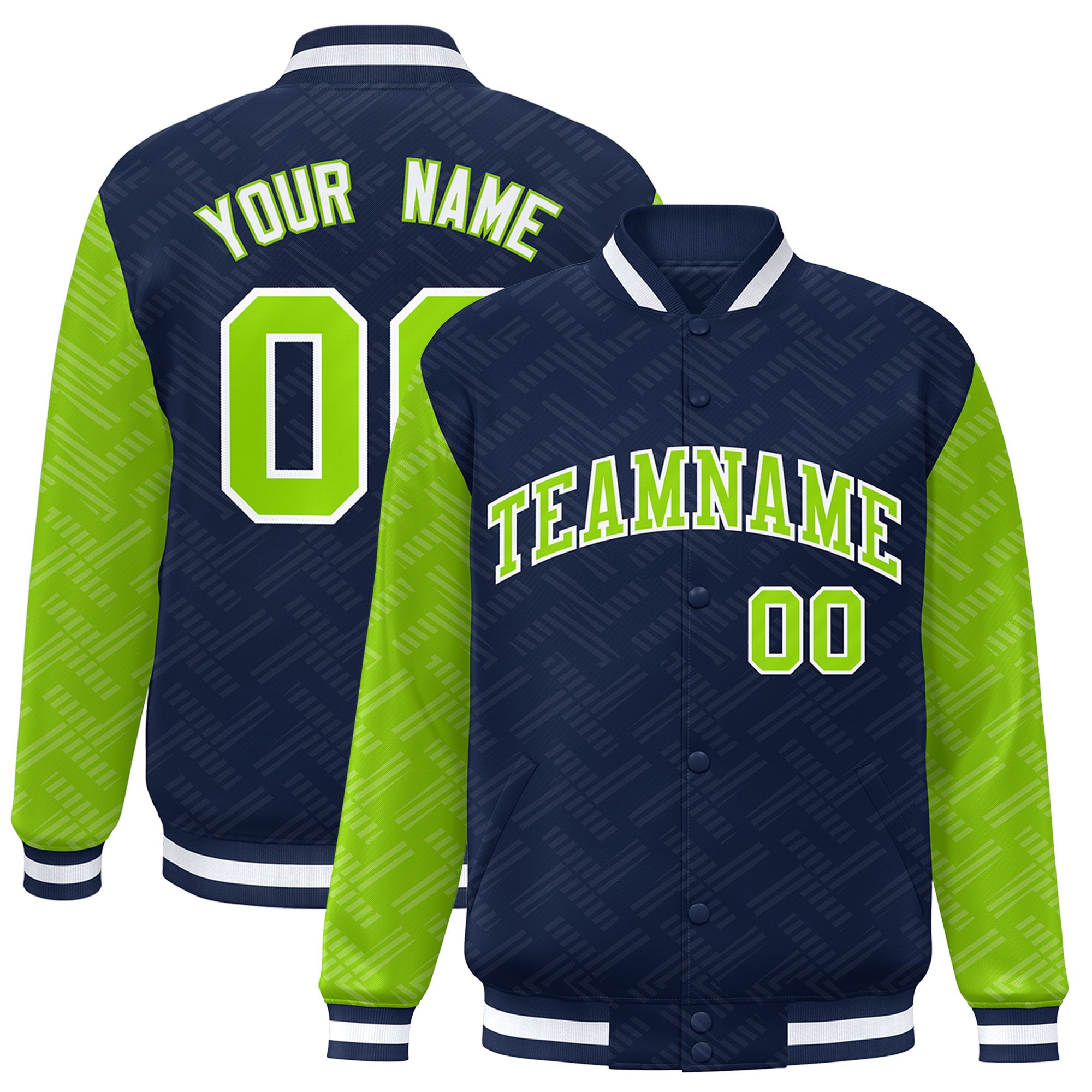 Custom Navy Neon Green L Pattern Varsity Raglan Sleeves Full-Snap Letterman Baseball Jacket