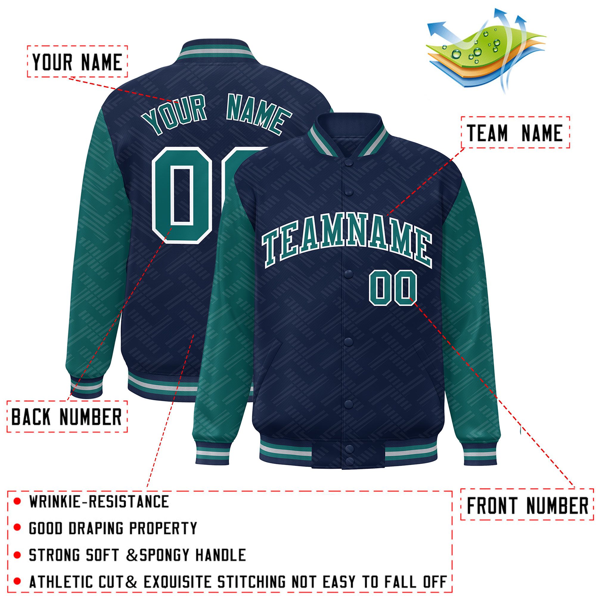 Custom Navy Aqua L Pattern Varsity Raglan Sleeves Full-Snap Letterman Baseball Jacket