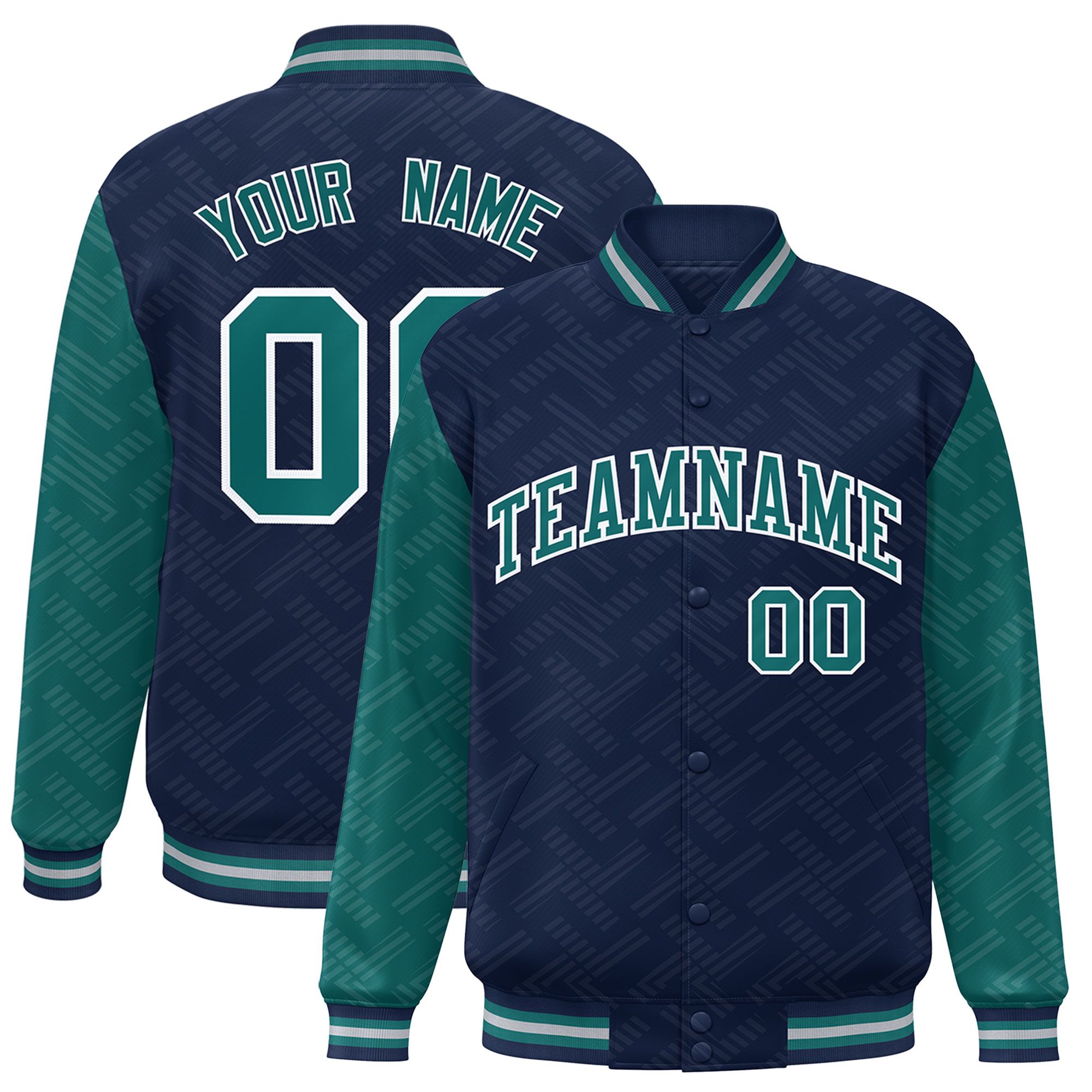 Custom Navy Aqua L Pattern Varsity Raglan Sleeves Full-Snap Letterman Baseball Jacket