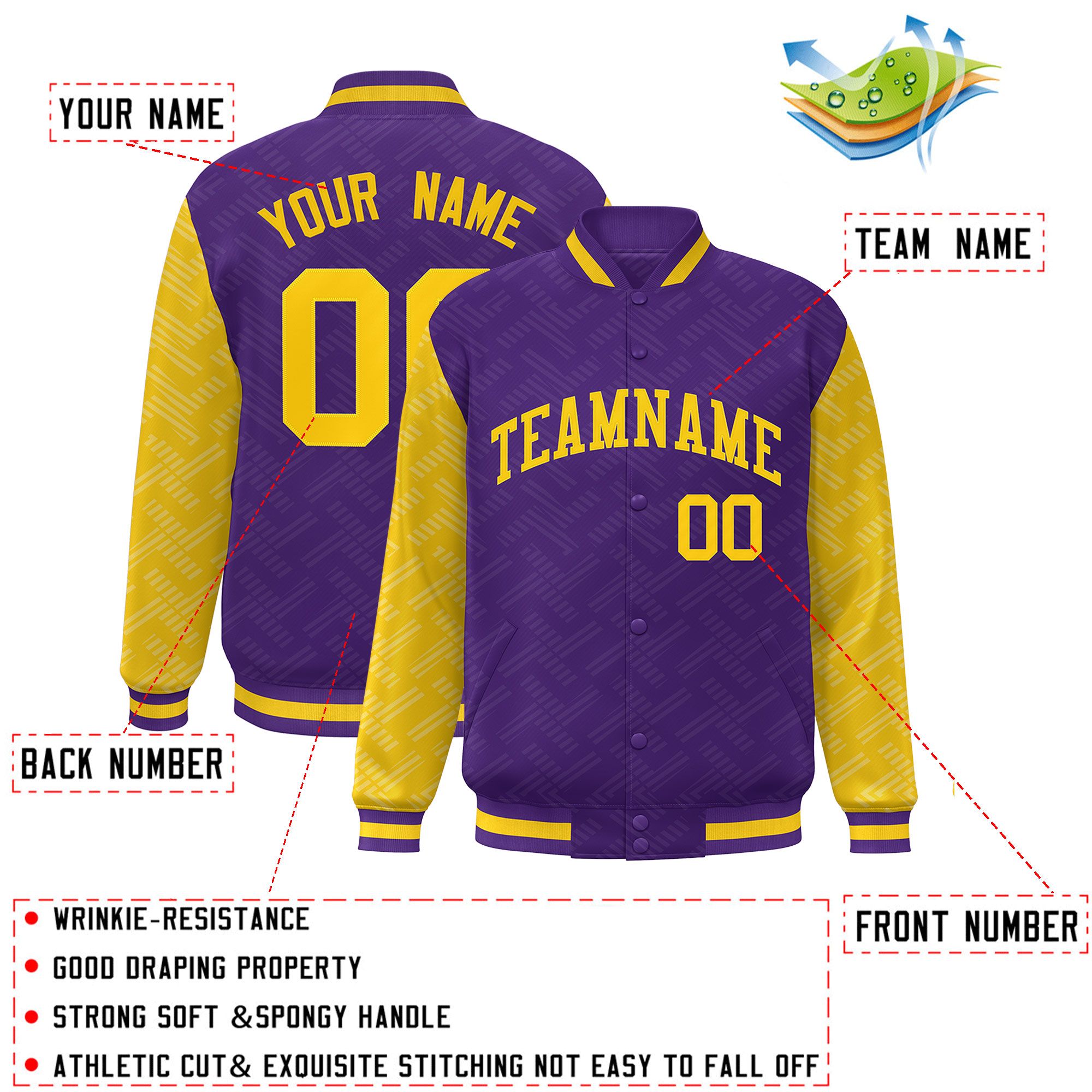 Custom Purple Gold L Pattern Varsity Raglan Sleeves Full-Snap Letterman Baseball Jacket