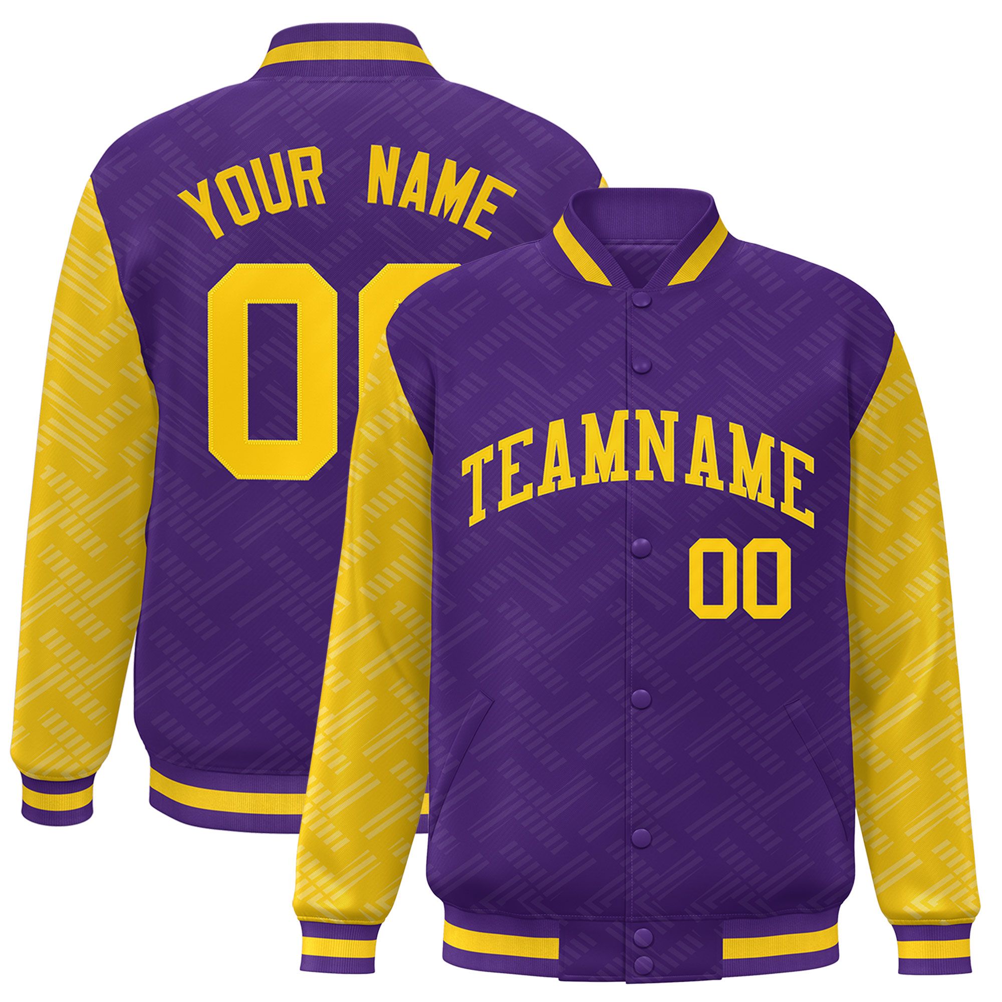 Custom Purple Gold L Pattern Varsity Raglan Sleeves Full-Snap Letterman Baseball Jacket