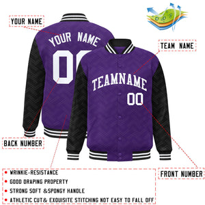 Custom Purple Black L Pattern Varsity Raglan Sleeves Full-Snap Letterman Baseball Jacket