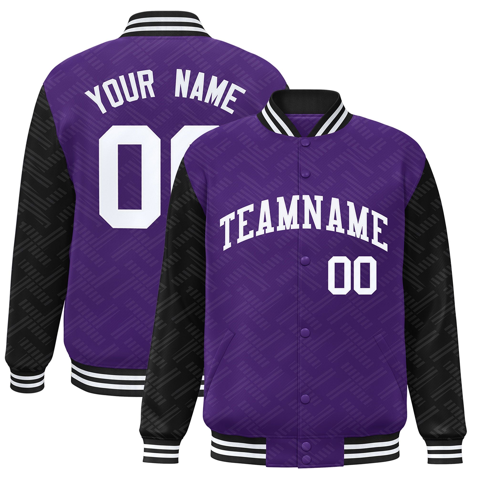 Custom Purple Black L Pattern Varsity Raglan Sleeves Full-Snap Letterman Baseball Jacket