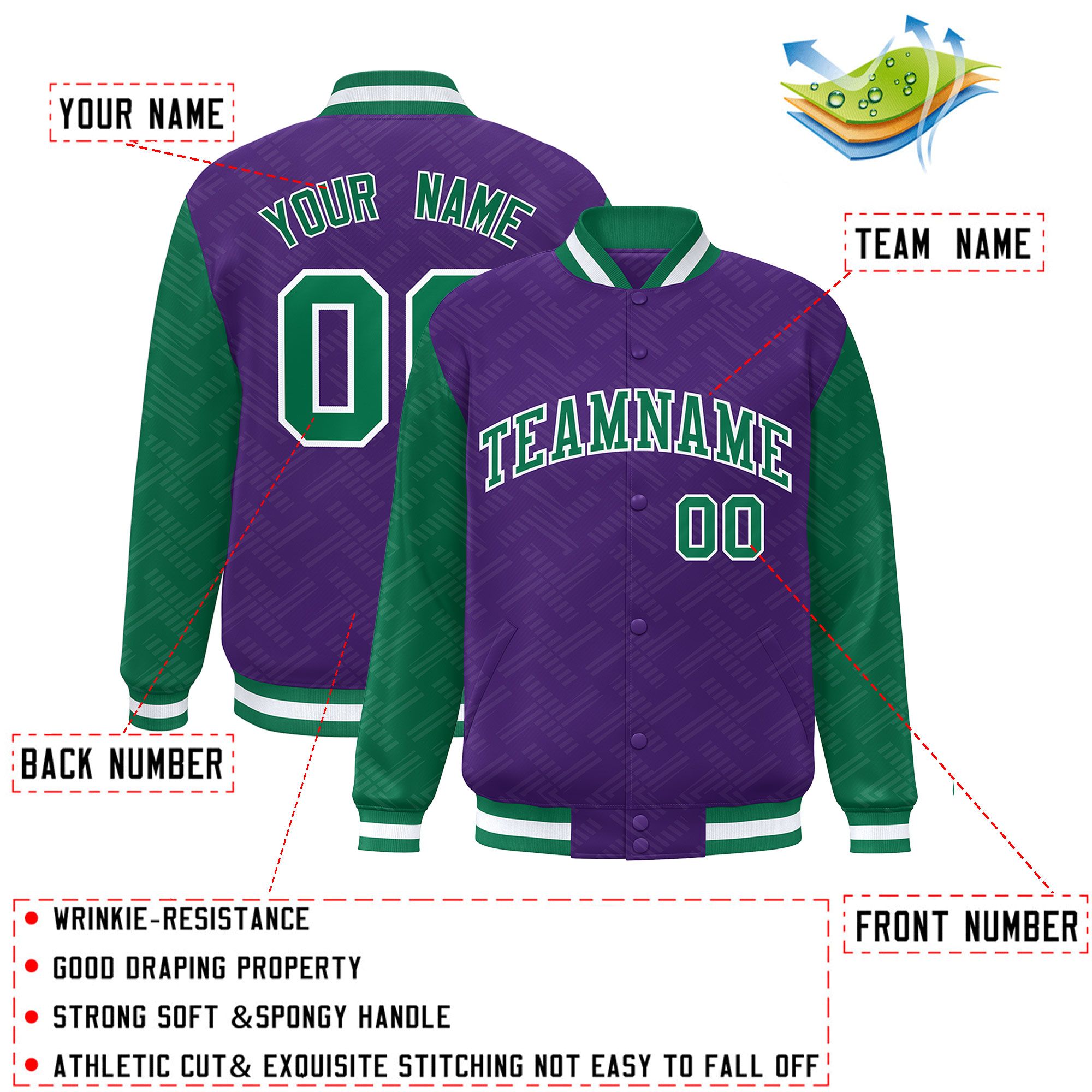 Custom Purple Kelly Green L Pattern Varsity Raglan Sleeves Full-Snap Letterman Baseball Jacket