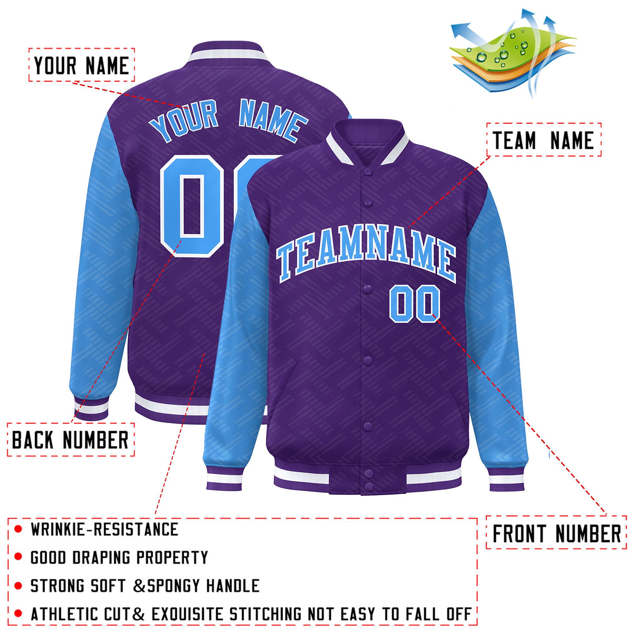 Custom Purple Powder Blue L Pattern Varsity Raglan Sleeves Full-Snap Letterman Baseball Jacket