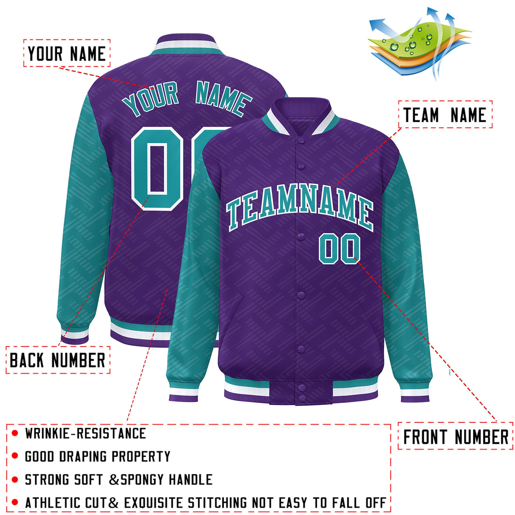 Custom Purple Aqua L Pattern Varsity Raglan Sleeves Full-Snap Letterman Baseball Jacket