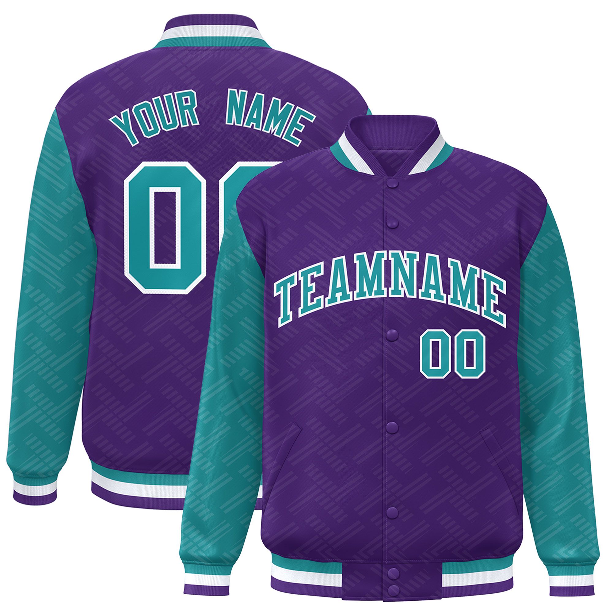 Custom Purple Aqua L Pattern Varsity Raglan Sleeves Full-Snap Letterman Baseball Jacket