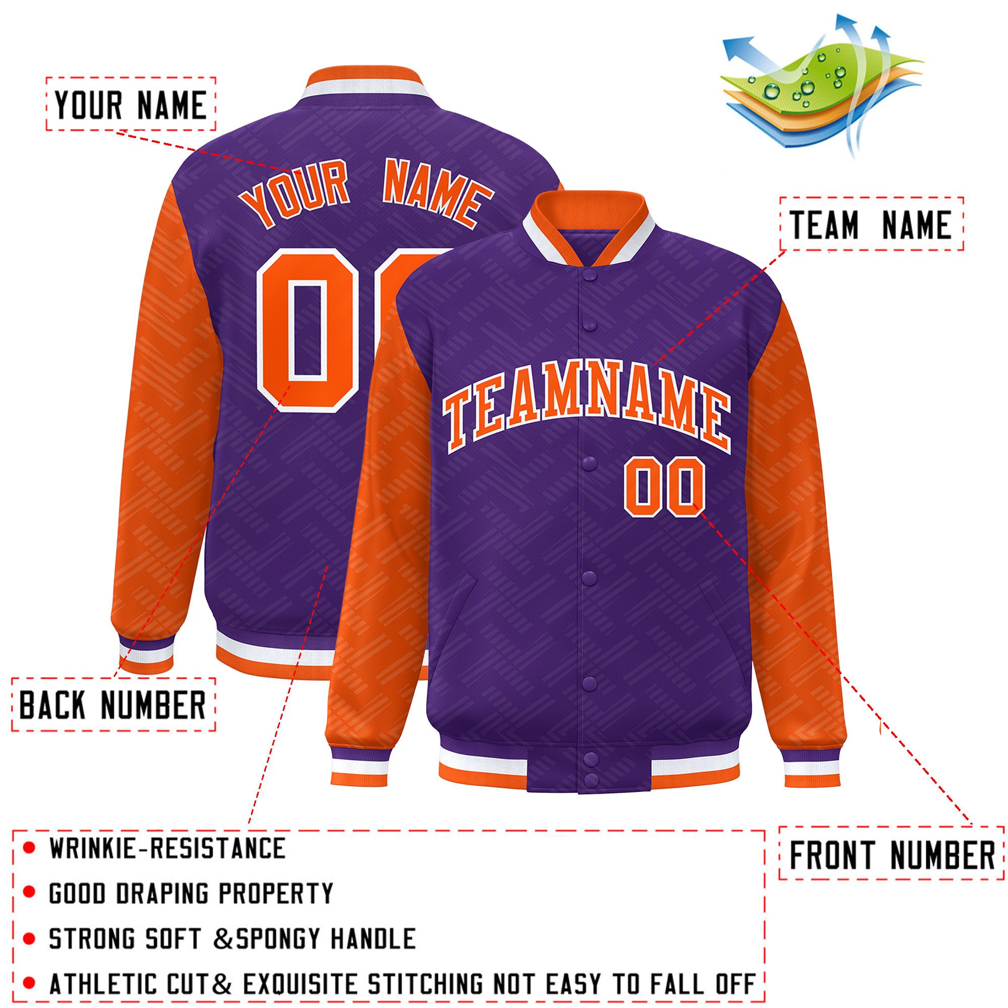 Custom Purple Orange L Pattern Varsity Raglan Sleeves Full-Snap Letterman Baseball Jacket