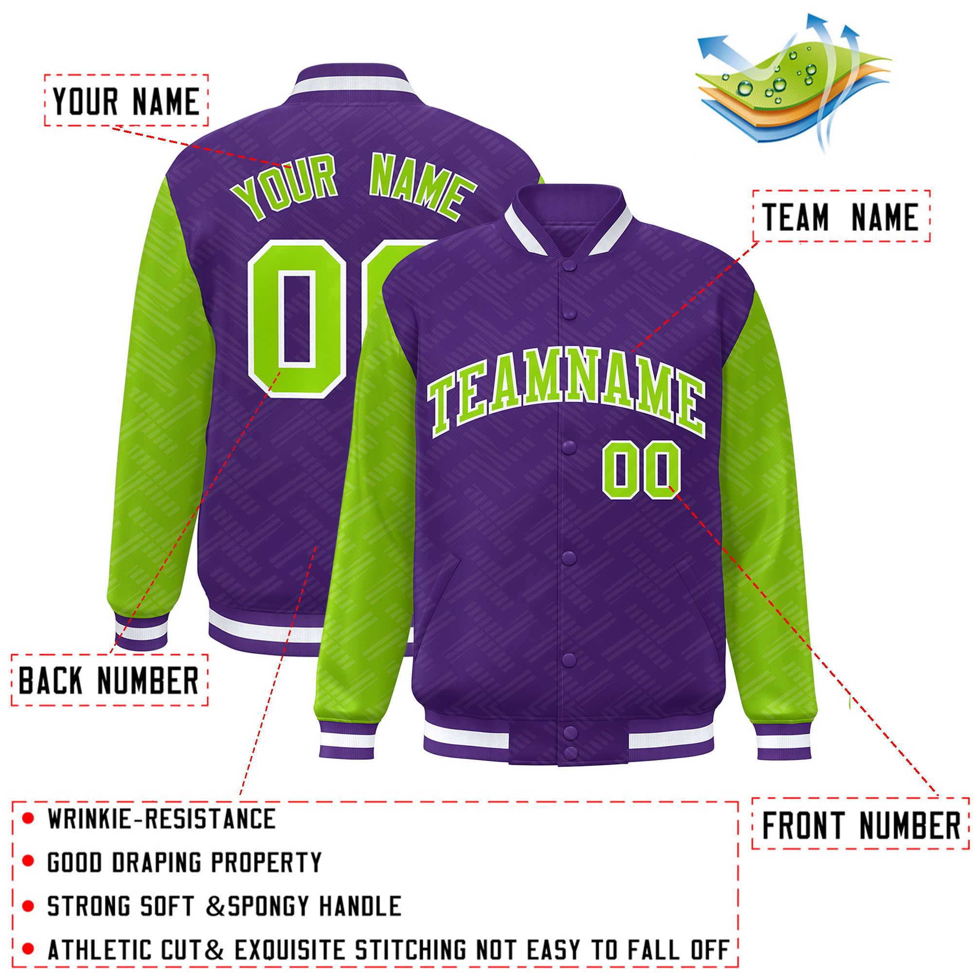 Custom Purple Neon Green L Pattern Varsity Raglan Sleeves Full-Snap Letterman Baseball Jacket