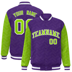 Custom Purple Neon Green L Pattern Varsity Raglan Sleeves Full-Snap Letterman Baseball Jacket