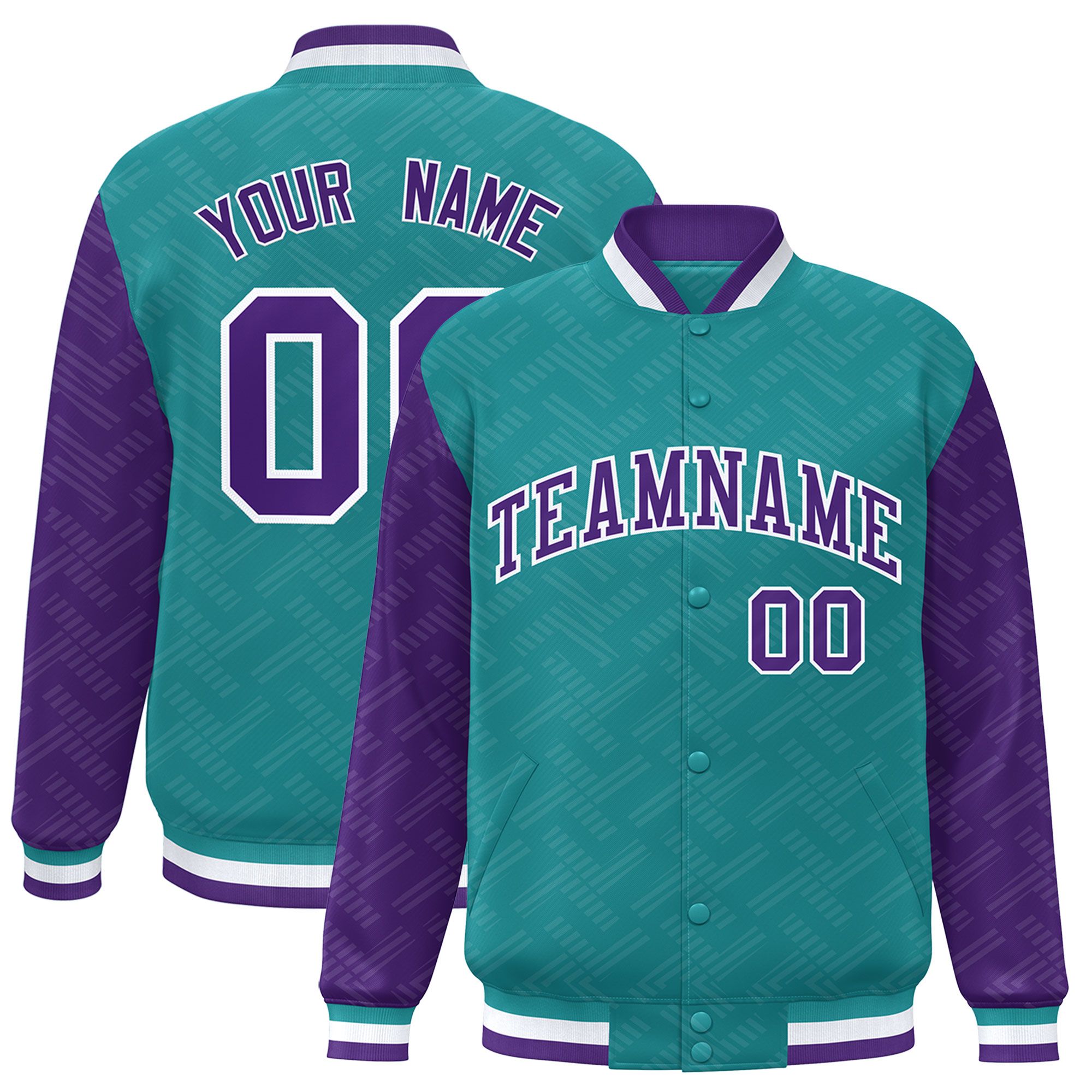 Custom Aqua Purple L Pattern Varsity Raglan Sleeves Full-Snap Letterman Baseball Jacket