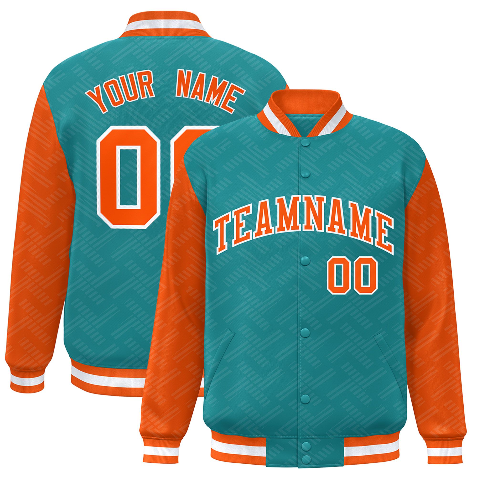 Custom Aqua Orange L Pattern Varsity Raglan Sleeves Full-Snap Letterman Baseball Jacket