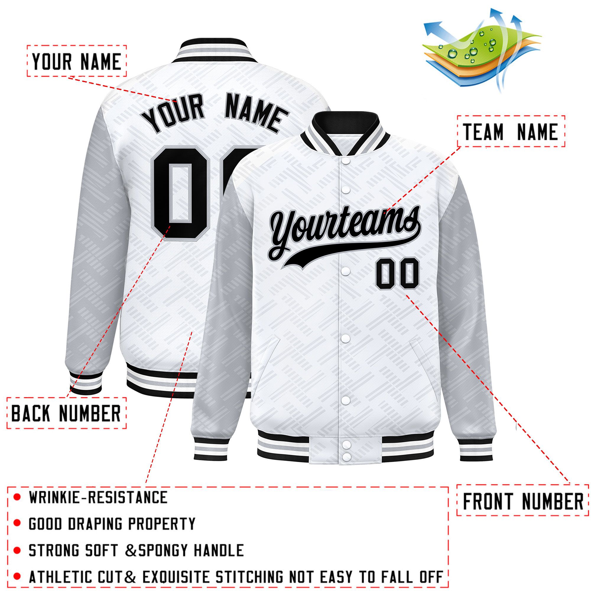 Custom White Gray L Pattern Varsity Raglan Sleeves Full-Snap Letterman Baseball Jacket