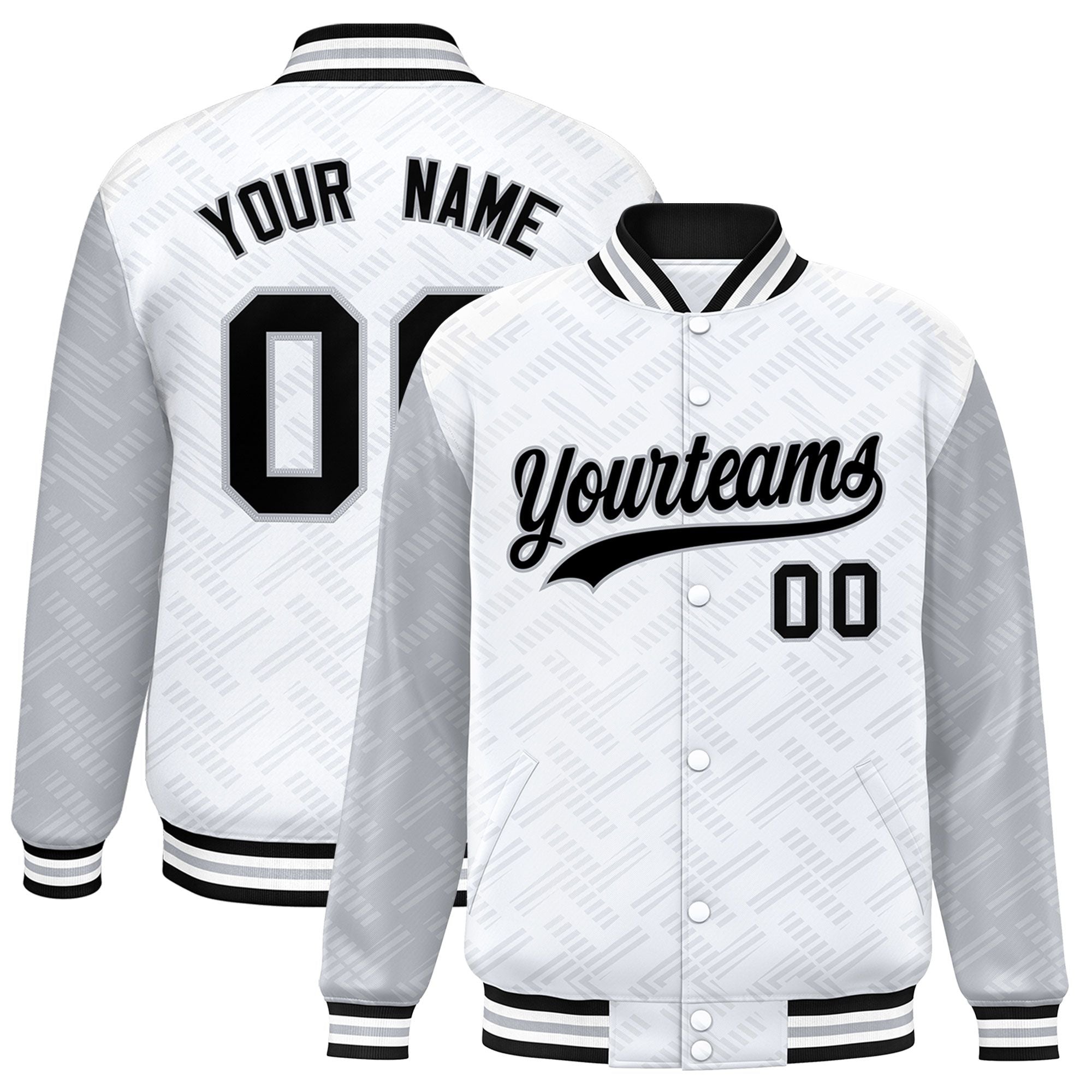 Custom White Gray L Pattern Varsity Raglan Sleeves Full-Snap Letterman Baseball Jacket