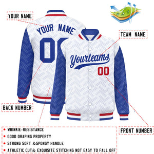 Custom White Royal L Pattern Varsity Raglan Sleeves Full-Snap Letterman Baseball Jacket