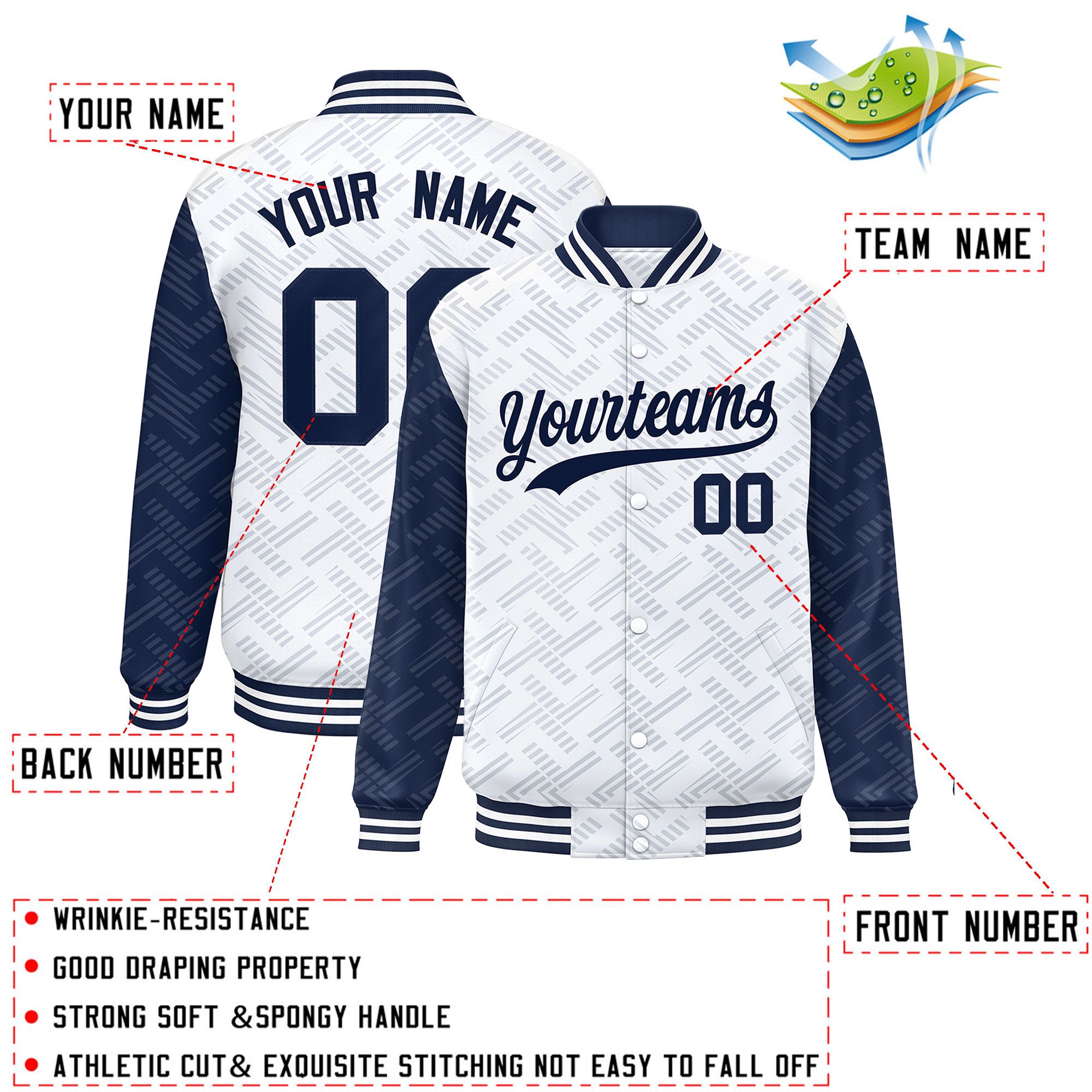 Custom White Navy L Pattern Varsity Raglan Sleeves Full-Snap Letterman Baseball Jacket