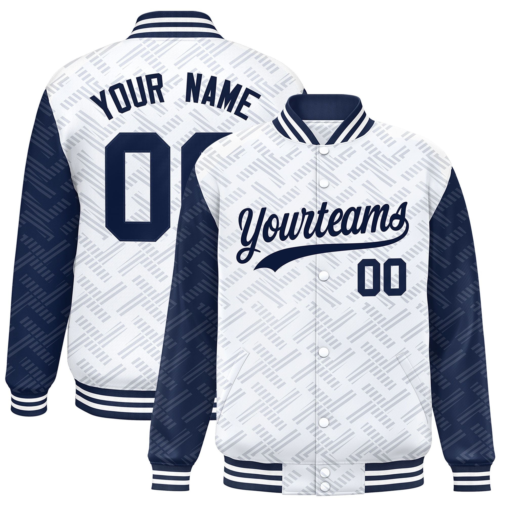 Custom White Navy L Pattern Varsity Raglan Sleeves Full-Snap Letterman Baseball Jacket