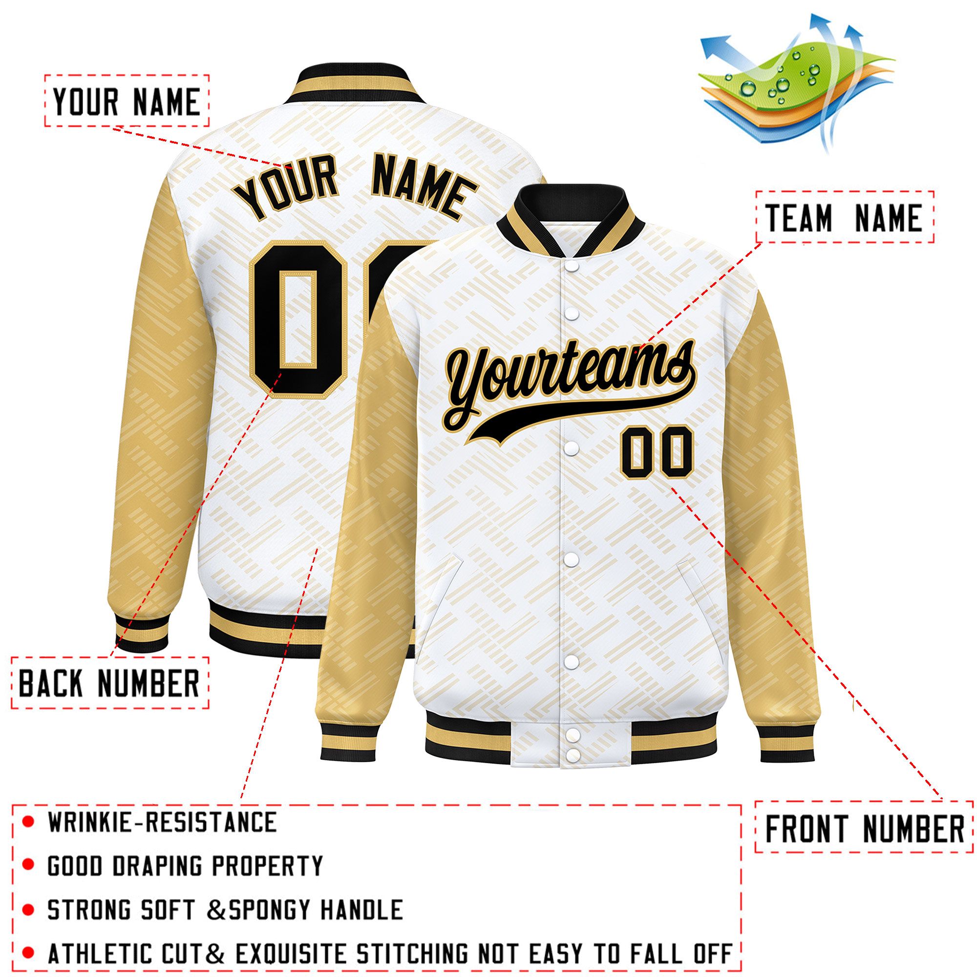 Custom White Old Gold L Pattern Varsity Raglan Sleeves Full-Snap Letterman Baseball Jacket