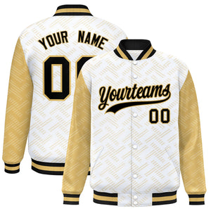 Custom White Old Gold L Pattern Varsity Raglan Sleeves Full-Snap Letterman Baseball Jacket