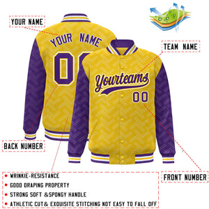 Custom Gold Purple L Pattern Varsity Raglan Sleeves Full-Snap Letterman Baseball Jacket