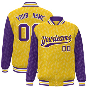 Custom Gold Purple L Pattern Varsity Raglan Sleeves Full-Snap Letterman Baseball Jacket