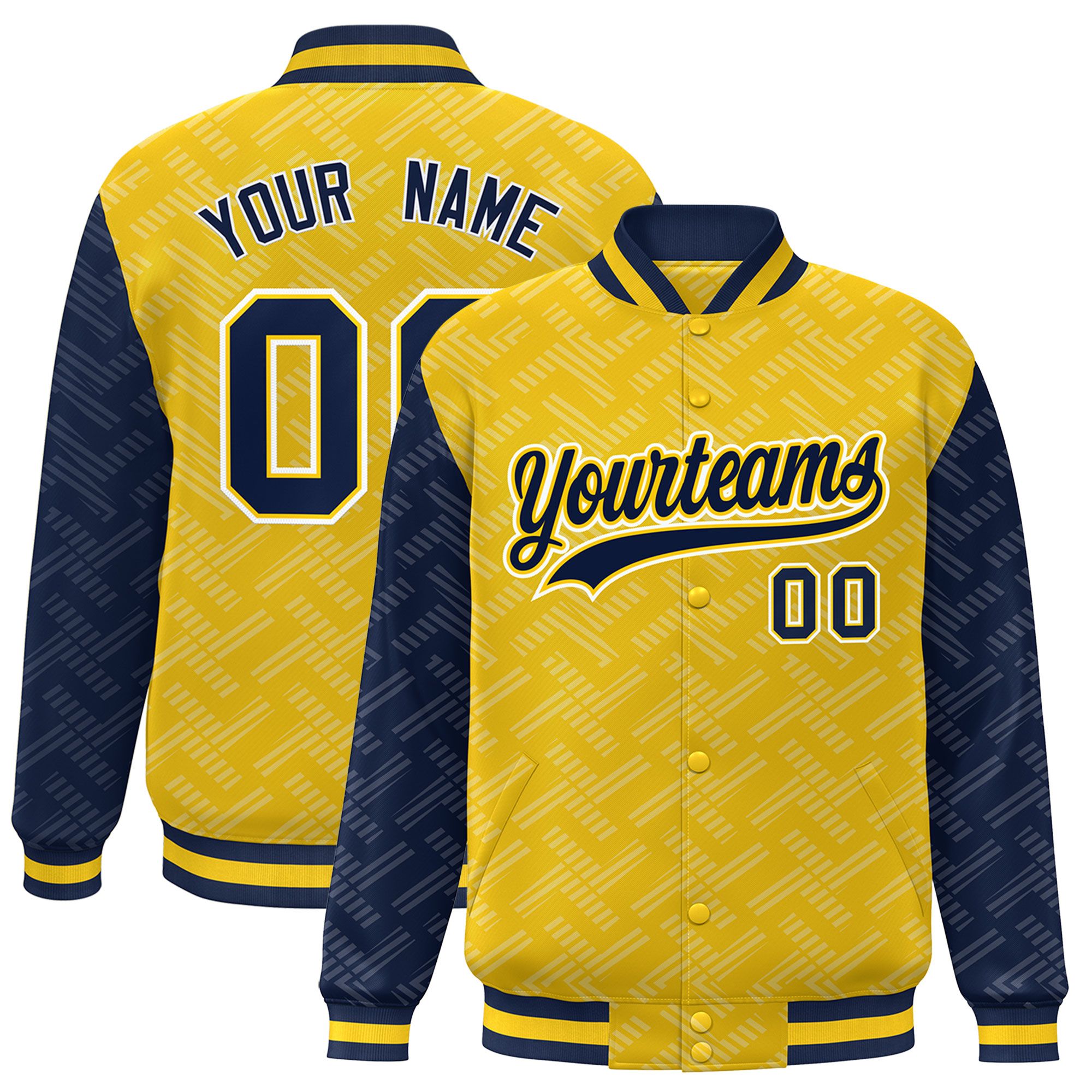 Custom Gold Navy L Pattern Varsity Raglan Sleeves Full-Snap Letterman Baseball Jacket