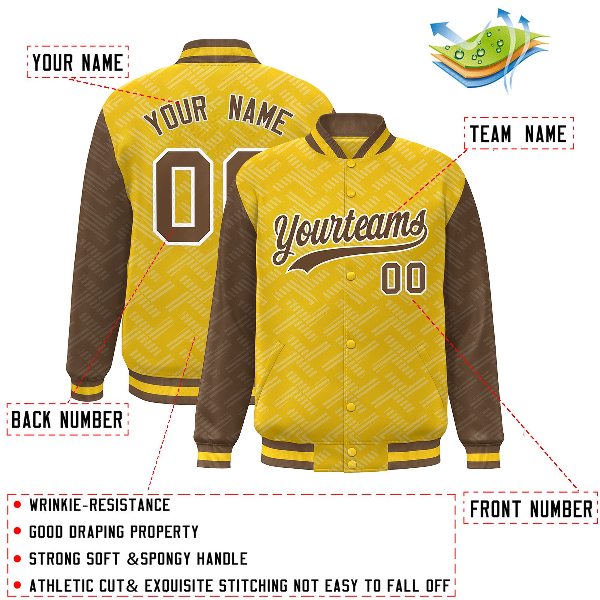 Custom Gold Light Brown L Pattern Varsity Raglan Sleeves Full-Snap Letterman Baseball Jacket