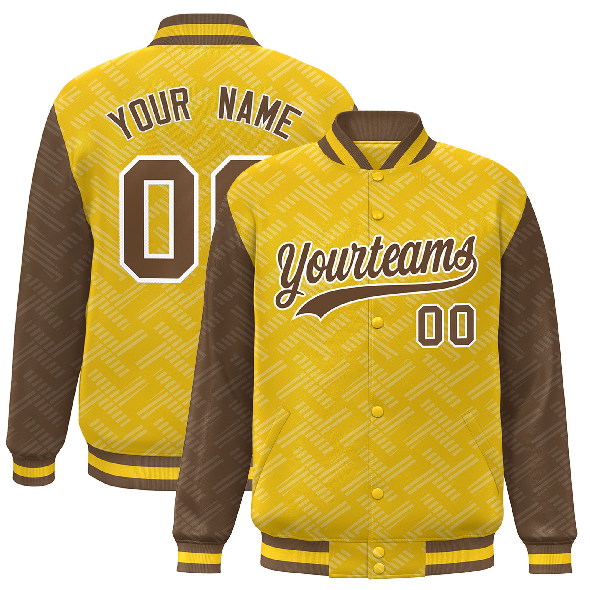 Custom Gold Light Brown L Pattern Varsity Raglan Sleeves Full-Snap Letterman Baseball Jacket