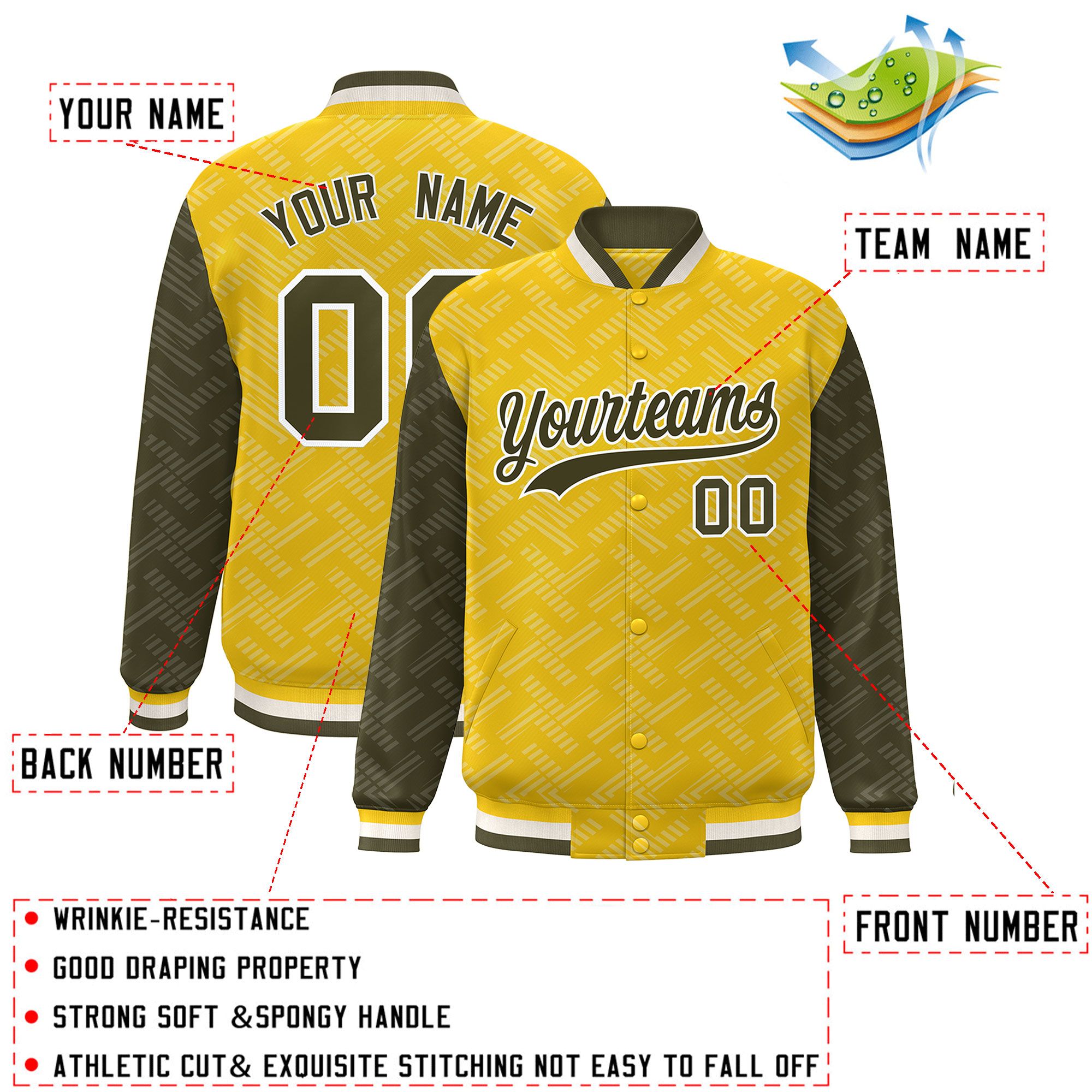 Custom Gold Olive L Pattern Varsity Raglan Sleeves Full-Snap Letterman Baseball Jacket