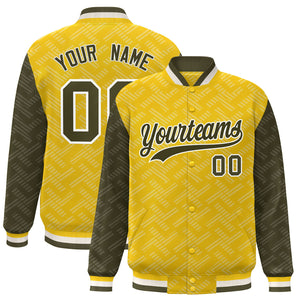 Custom Gold Olive L Pattern Varsity Raglan Sleeves Full-Snap Letterman Baseball Jacket