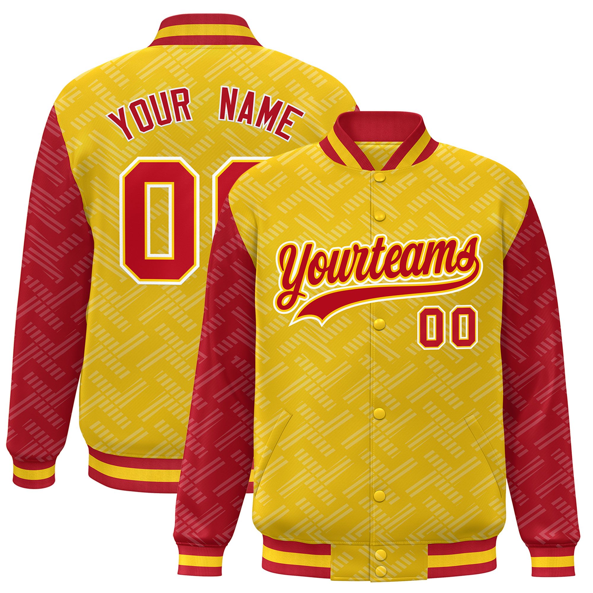 Custom Gold Red L Pattern Varsity Raglan Sleeves Full-Snap Letterman Baseball Jacket