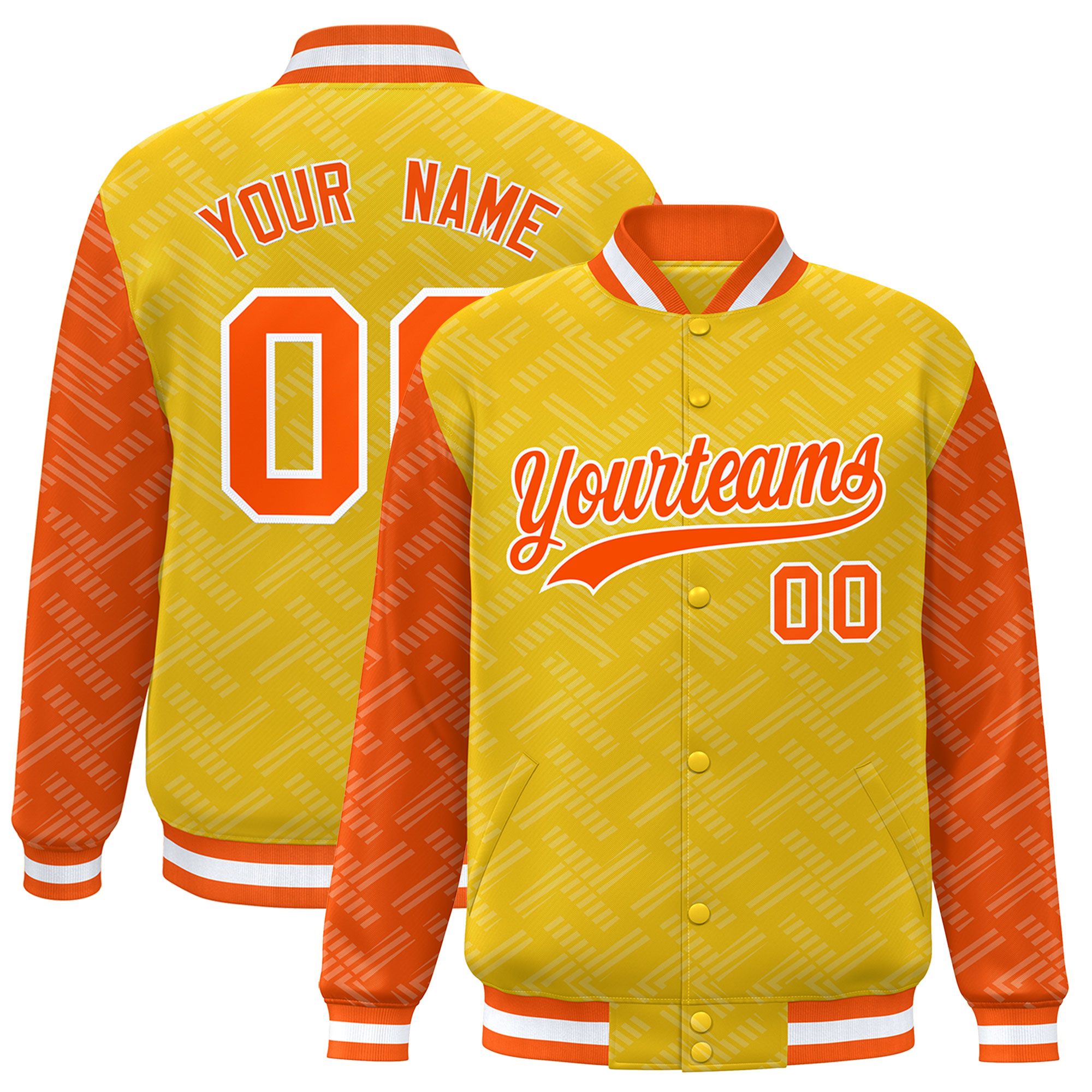 Custom Gold Orange L Pattern Varsity Raglan Sleeves Full-Snap Letterman Baseball Jacket