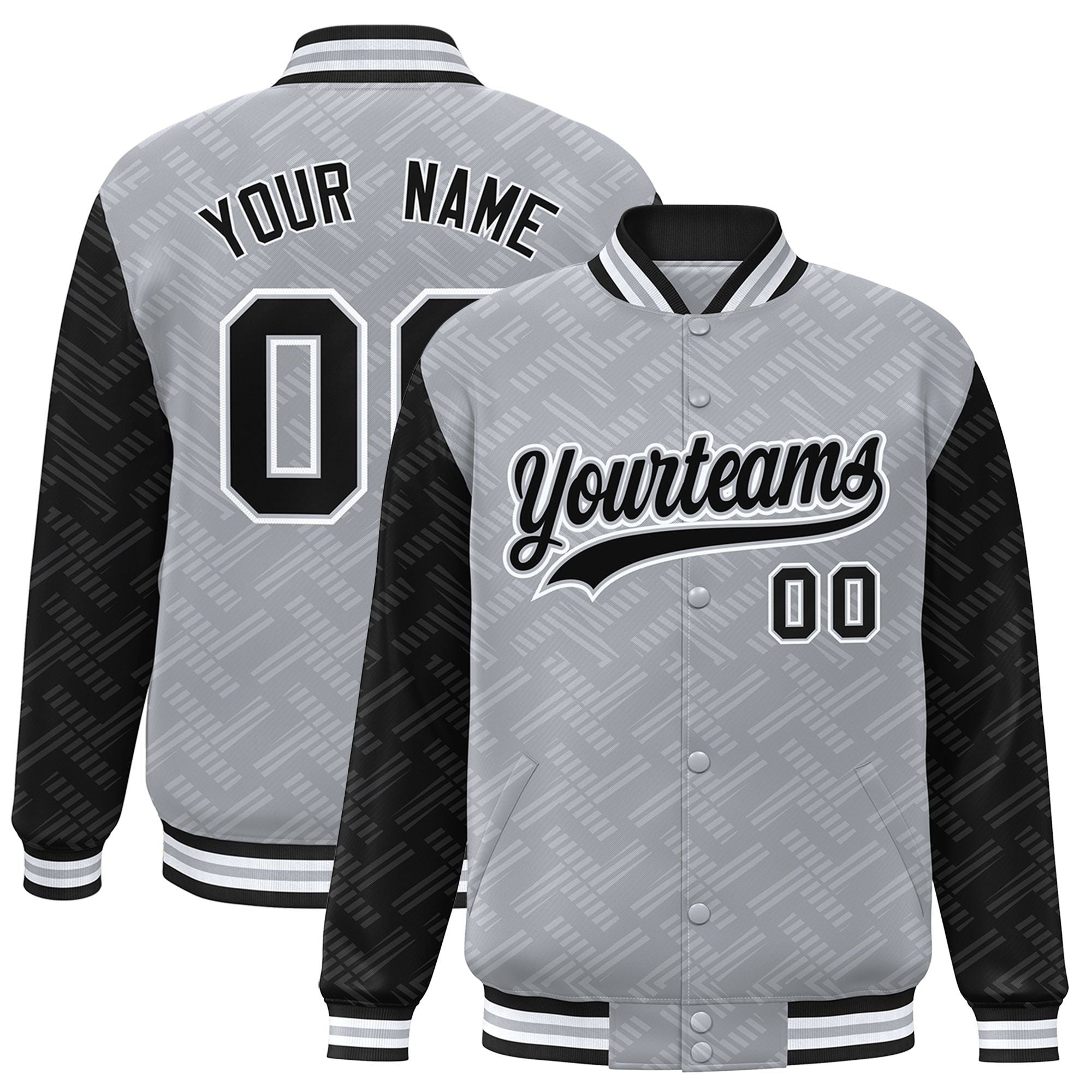 Custom Gray Black L Pattern Varsity Raglan Sleeves Full-Snap Letterman Baseball Jacket