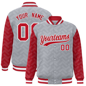 Custom Gray Red L Pattern Varsity Raglan Sleeves Full-Snap Letterman Baseball Jacket