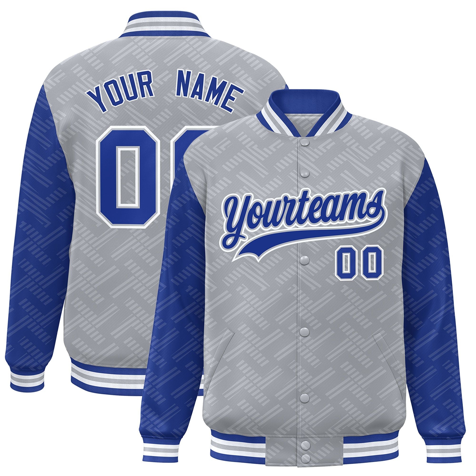 Custom Gray Royal L Pattern Varsity Raglan Sleeves Full-Snap Letterman Baseball Jacket