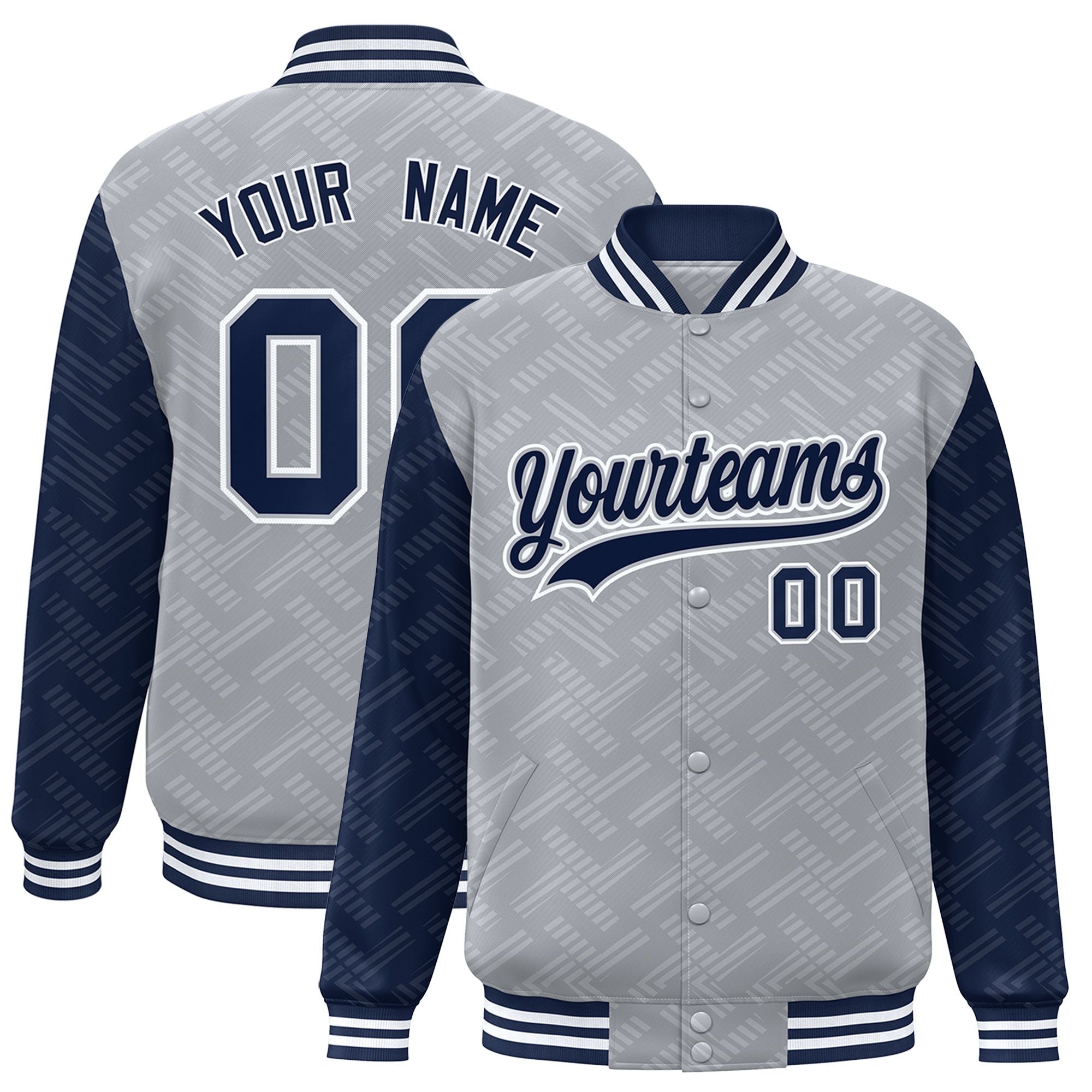 Custom Gray Navy L Pattern Varsity Raglan Sleeves Full-Snap Letterman Baseball Jacket