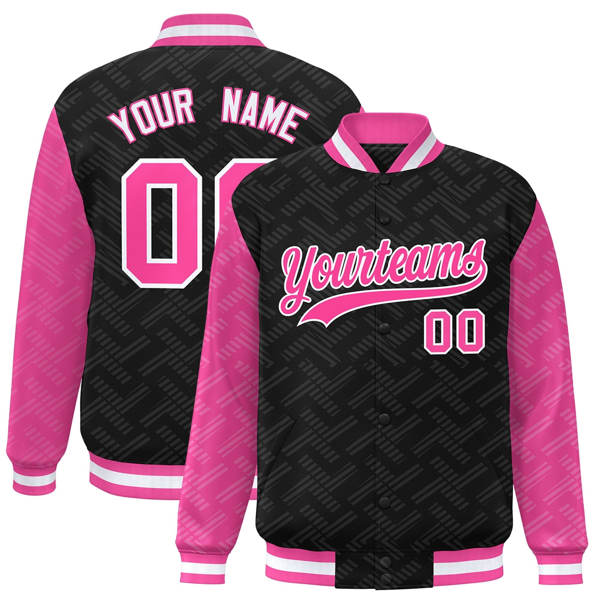 Custom Black Pink L Pattern Varsity Raglan Sleeves Full-Snap Letterman Baseball Jacket