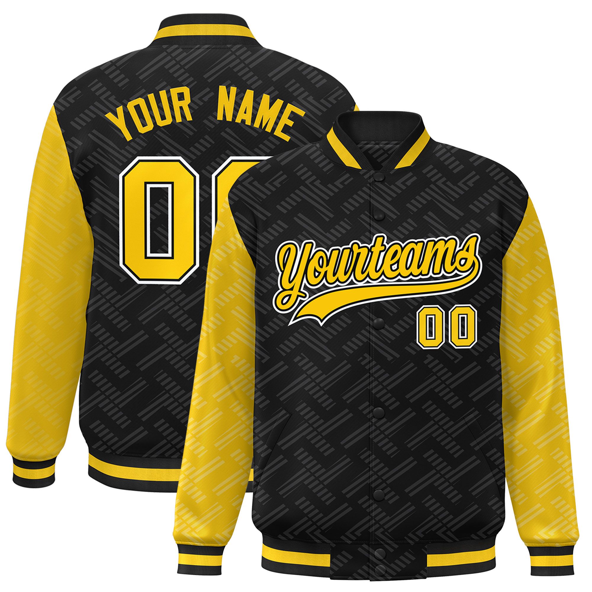 Custom Black Gold L Pattern Varsity Raglan Sleeves Full-Snap Letterman Baseball Jacket