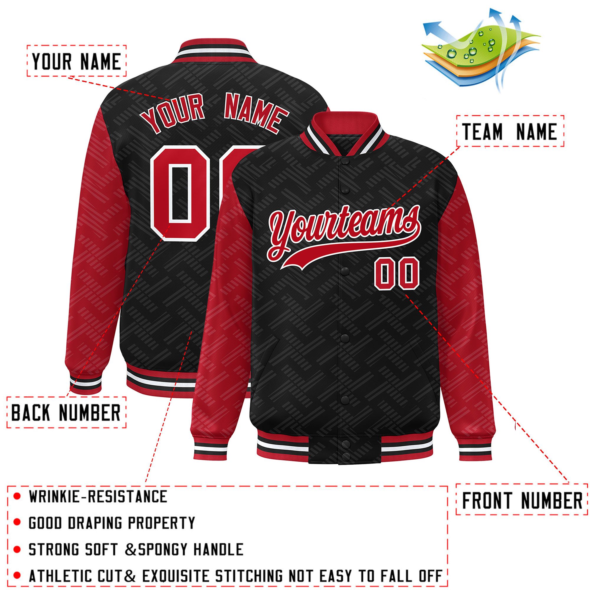 Custom Black Red L Pattern Varsity Raglan Sleeves Full-Snap Letterman Baseball Jacket