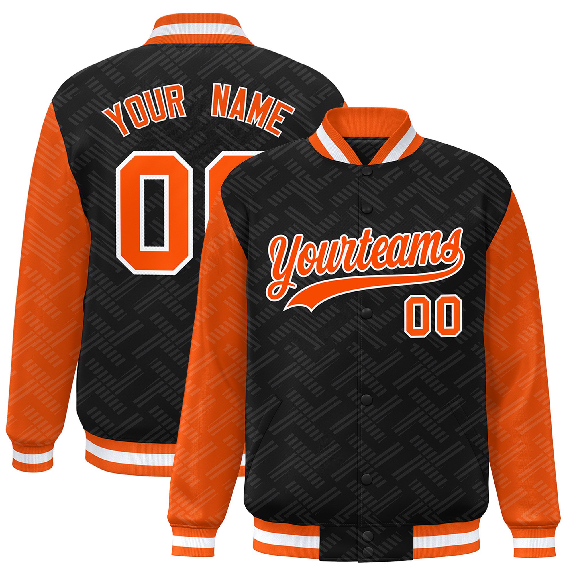 Custom Black Orange L Pattern Varsity Raglan Sleeves Full-Snap Letterman Baseball Jacket