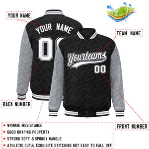 Custom Black Gray L Pattern Varsity Raglan Sleeves Full-Snap Letterman Baseball Jacket