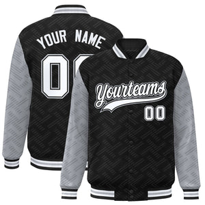 Custom Black Gray L Pattern Varsity Raglan Sleeves Full-Snap Letterman Baseball Jacket