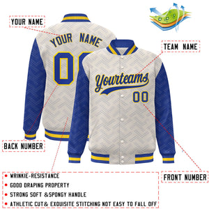 Custom Cream Royal L Pattern Varsity Raglan Sleeves Full-Snap Letterman Baseball Jacket