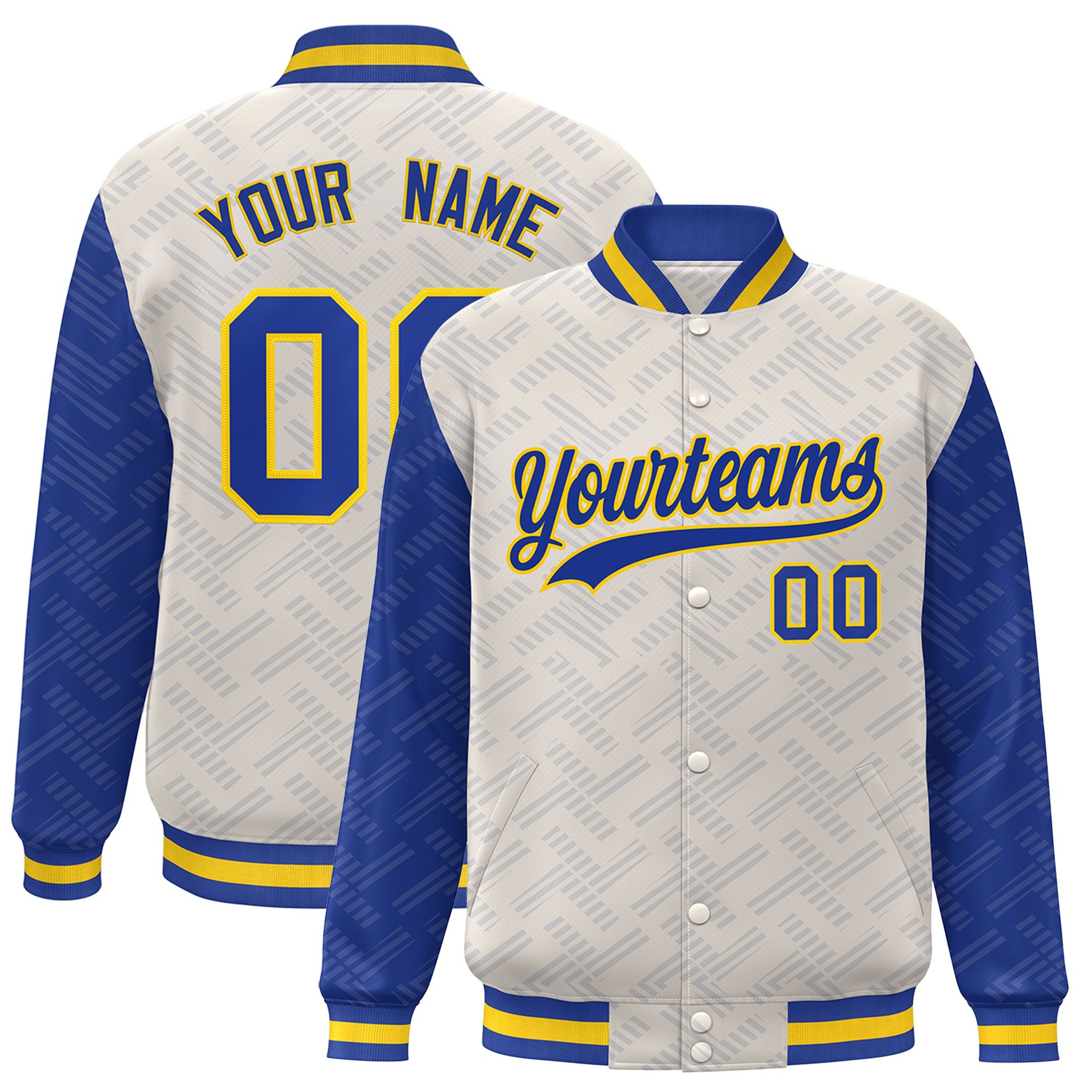 Custom Cream Royal L Pattern Varsity Raglan Sleeves Full-Snap Letterman Baseball Jacket